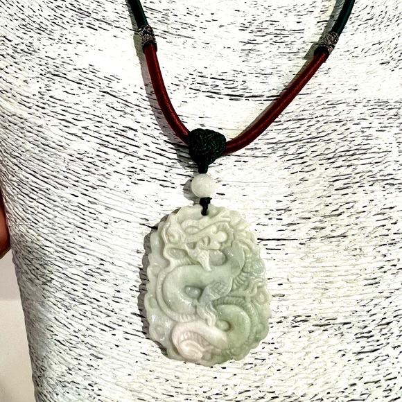 Green and White Jade Adjustable Silk rope Necklace with Intricate Carving - Picture 1 of 4